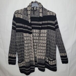BCBG MAXAZRIA Black & Beige Geometric Print Open Front Cardigan Sweater